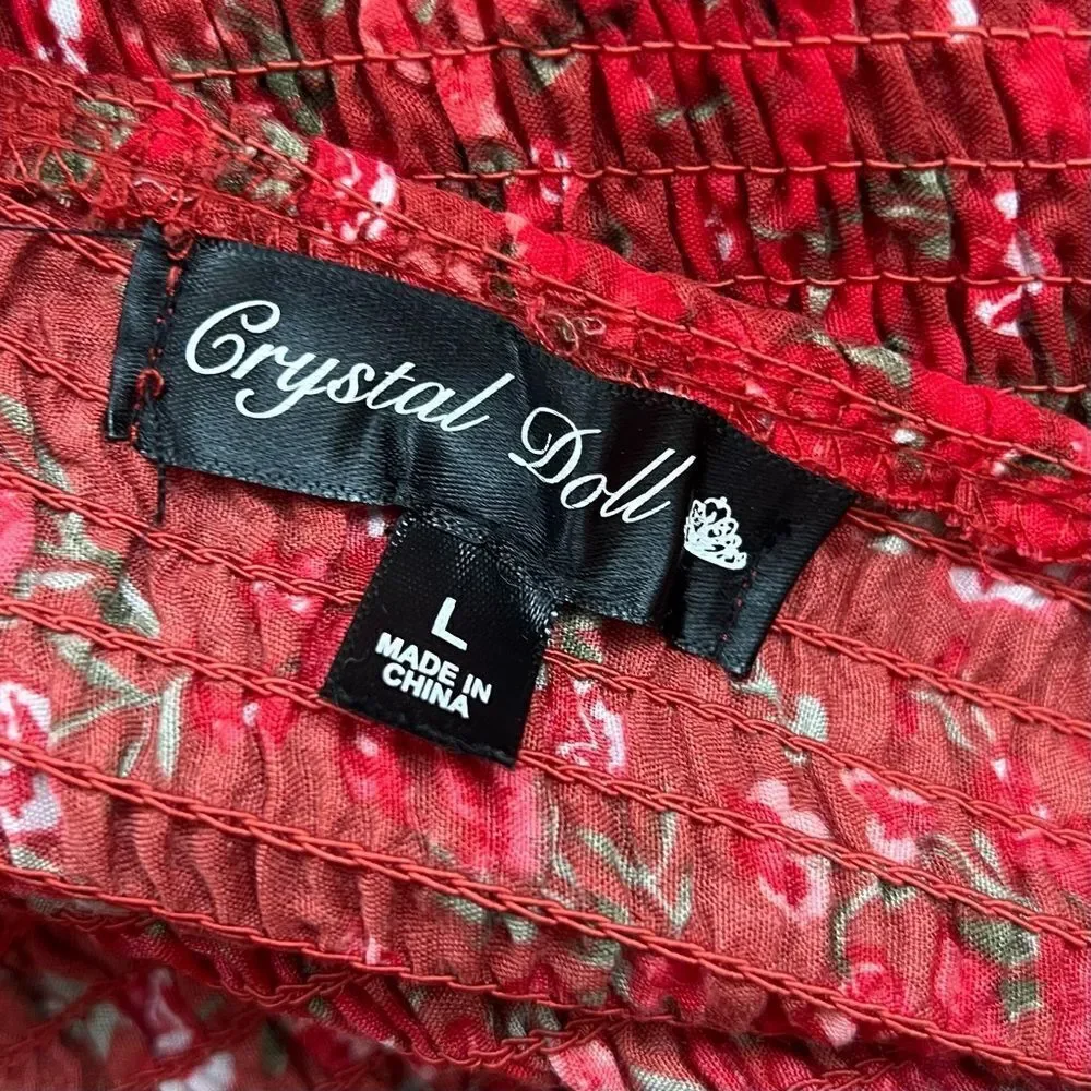 Crystal Doll Red Rose Floral Smocked Stretch Pull On Ruffle Hem Mini Skirt Sz L